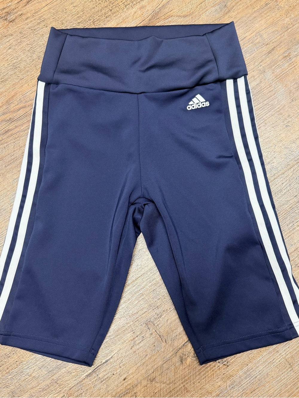 adidas women’s Navy biker athletic shorts with White 3-Stripes size small